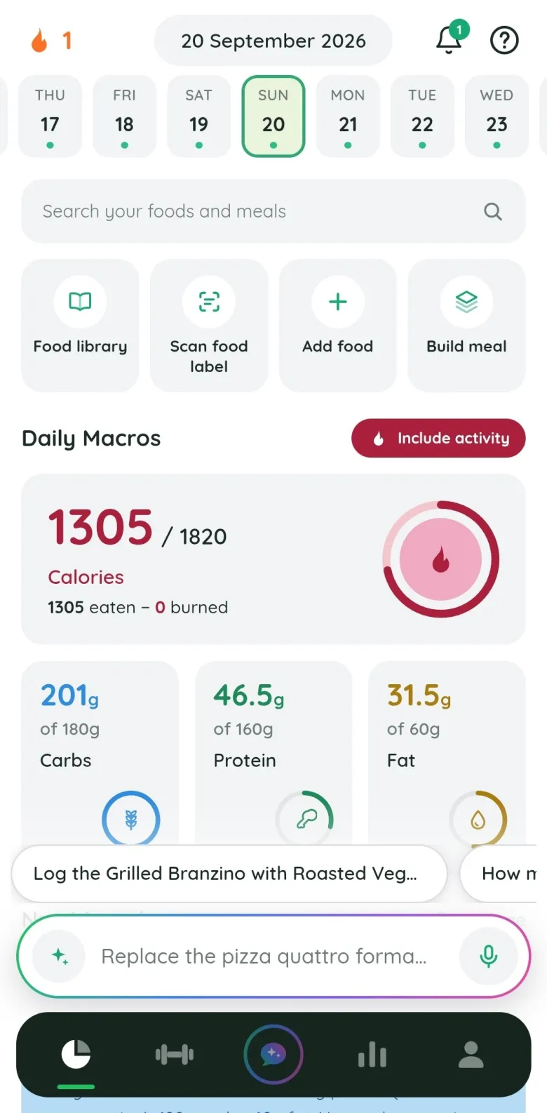 Fitlyze nutrition screen for the day: the week strip, the food library, scan, add and build shortcuts, then 1305 of 1820 calories with carbs, protein and fat