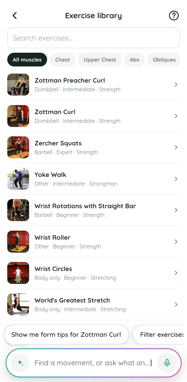 The Fitlyze exercise library: movements with a photo, equipment, level and type, filtered by muscle