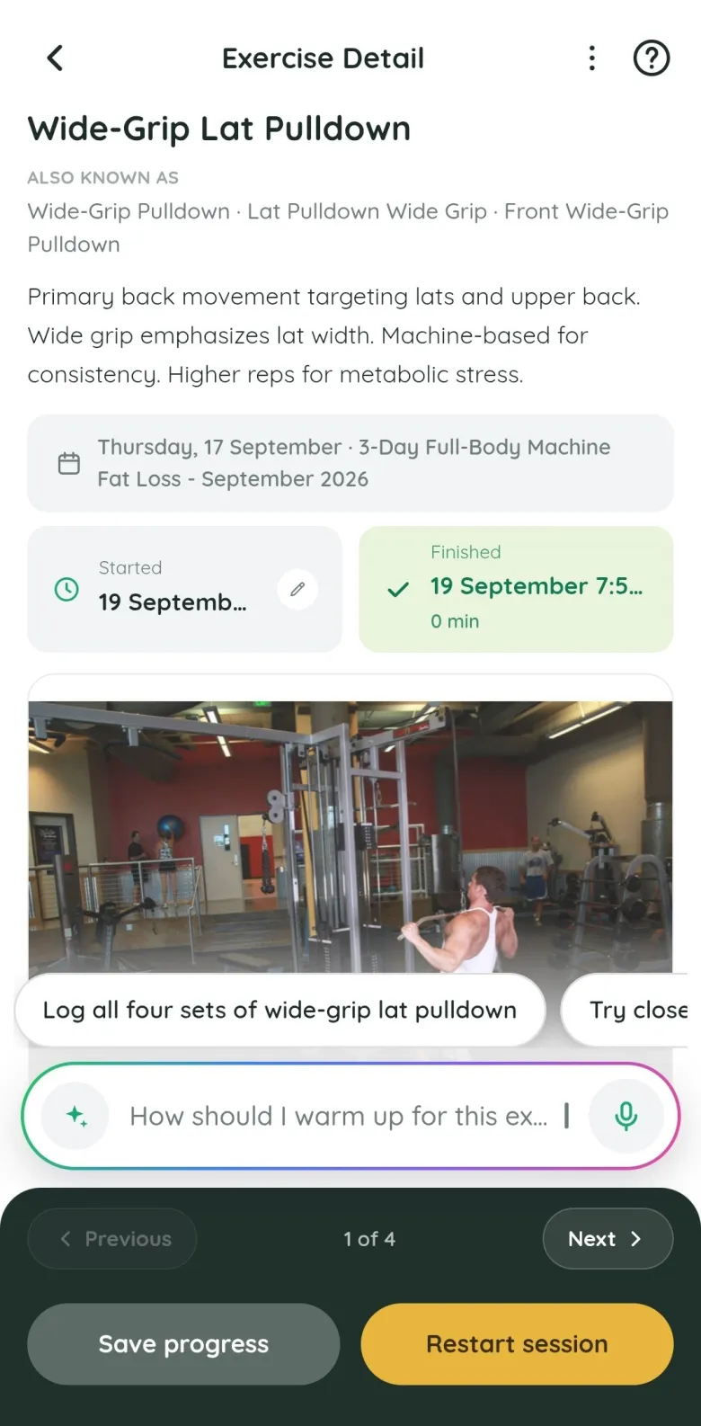 A Fitlyze exercise: the wide-grip lat pulldown with its other names, what it trains, the session it belongs to, and when it was started and finished