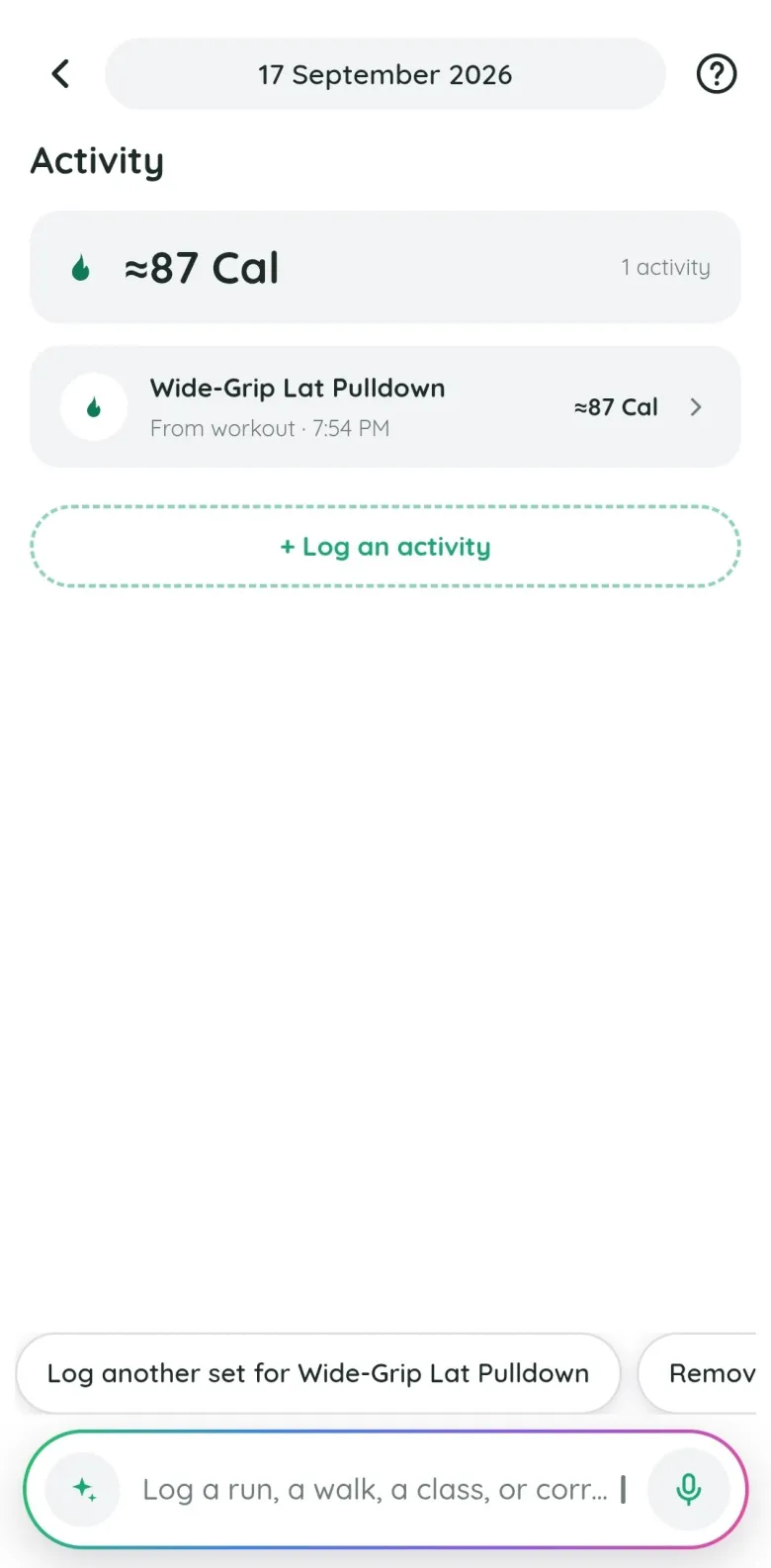 The Fitlyze activity screen: roughly 87 calories from the wide-grip lat pulldown, counted straight from the workout